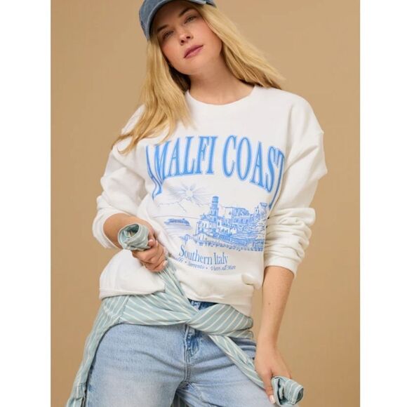 Altar’d State White Blue Amalfi Coast Italy Graphic Crewneck Sweatshirt - Picture 1 of 13